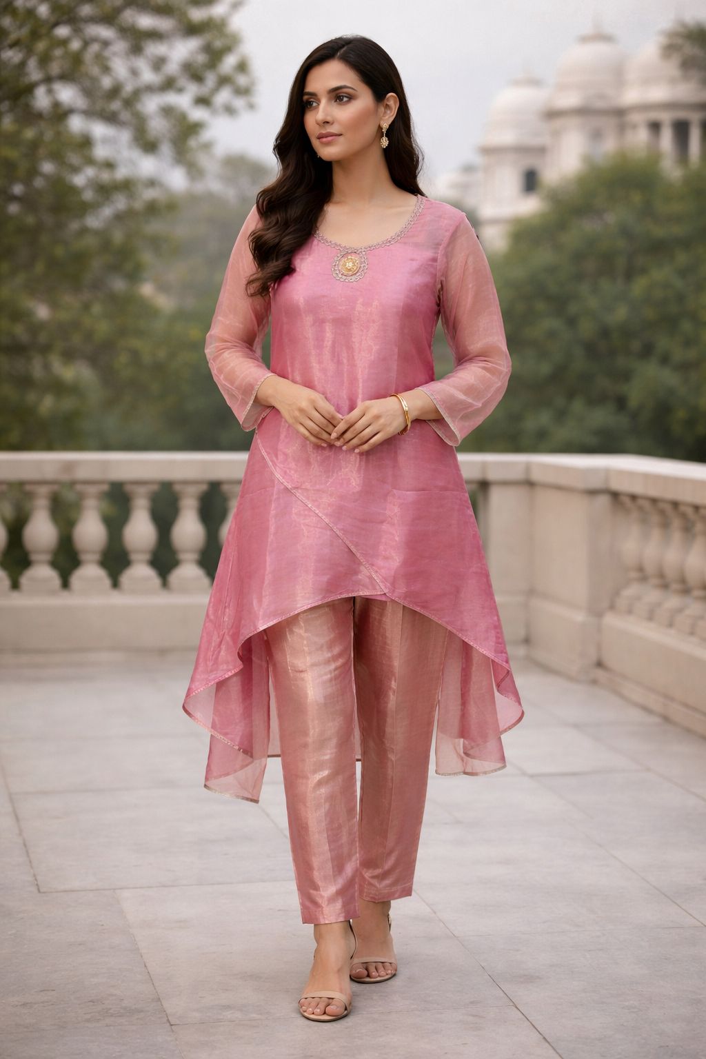 PINK TISSUE GOLD LACE DETAILED ETHNIC SET